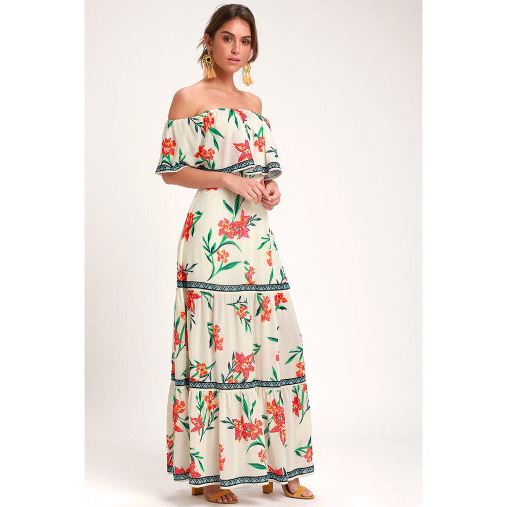 NWOT Ivory Floral Print Off-the-shoulder Maxi Dress